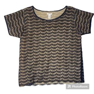 J. Crew Lace Overlay Short Sleeve Blouse Black and Nude Size Medium